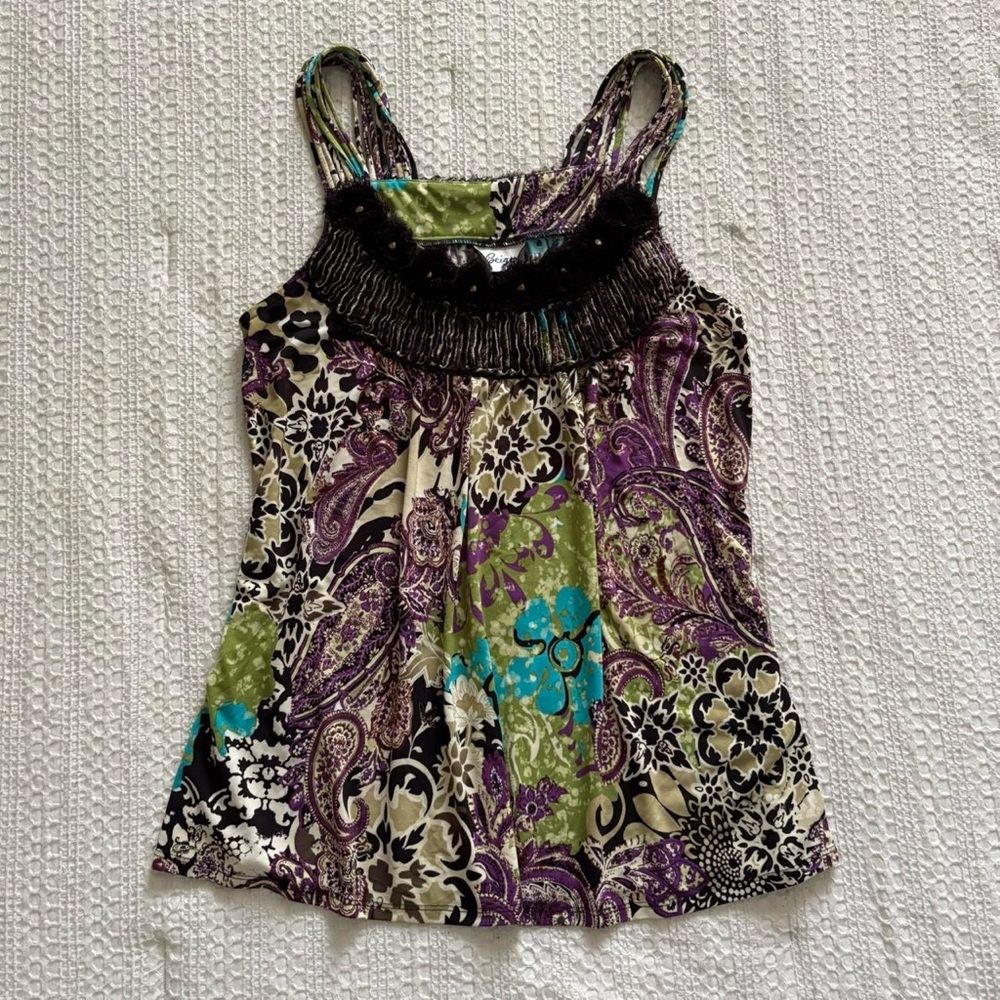 Vintage 2000s unique whimsical paisley top with ruffles and studs